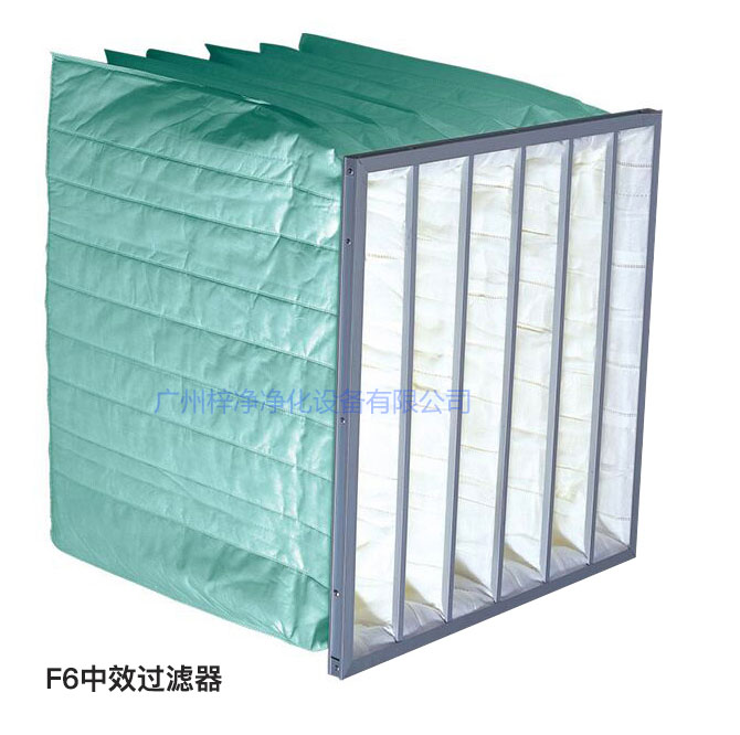 F6級(jí)袋式中效過(guò)濾器過(guò)濾效率為60-65%,常用于凈化空調(diào)中級(jí)過(guò)濾。